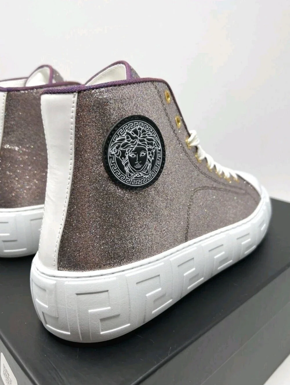 Versace Greca HighTop Plum Gold Glitter Sneakers Women's EU 39 / US Size 8.5 - Picture 6 of 10